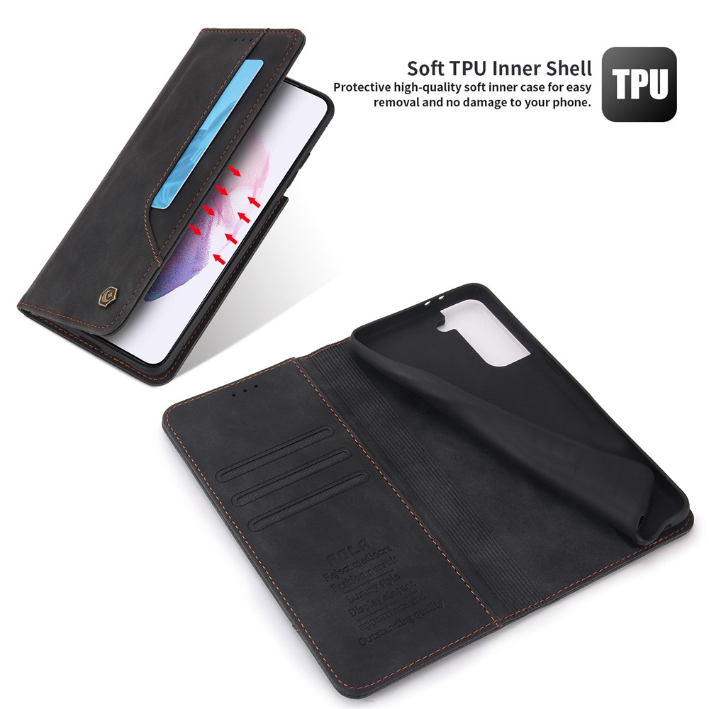 POLA 008 Series Retro Style PU Leather + TPU Auto Magnetic Closing Stand Wallet Phone Case Cover for Samsung Galaxy S21+ 5G - Black-5