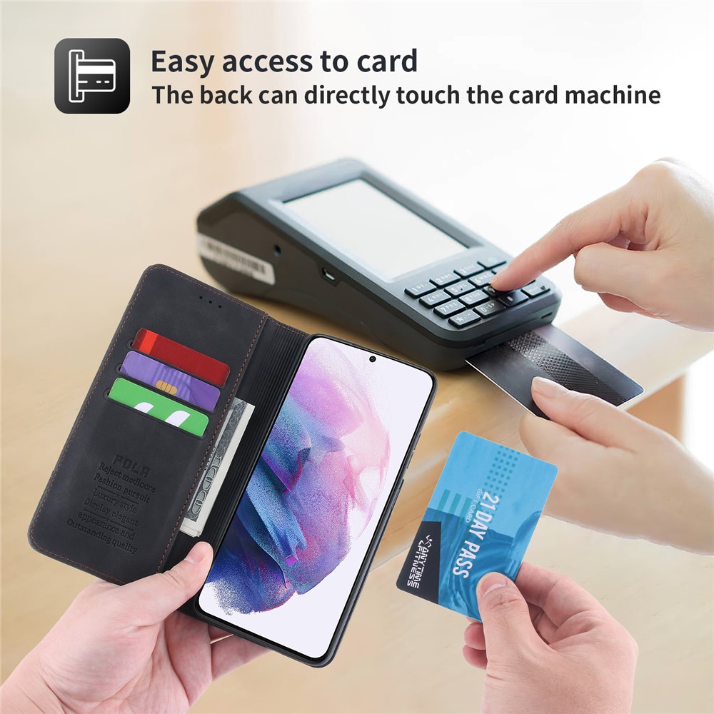 POLA 008 Series Retro Style PU Leather + TPU Auto Magnetic Closing Stand Wallet Phone Case Cover for Samsung Galaxy S21+ 5G - Black-7