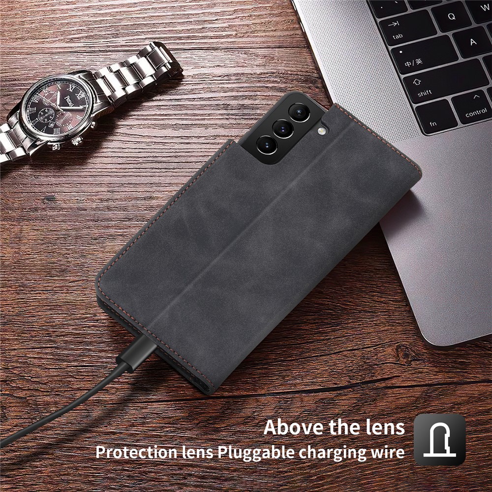 POLA 008 Series Retro Style PU Leather + TPU Auto Magnetic Closing Stand Wallet Phone Case Cover for Samsung Galaxy S21+ 5G - Black-8