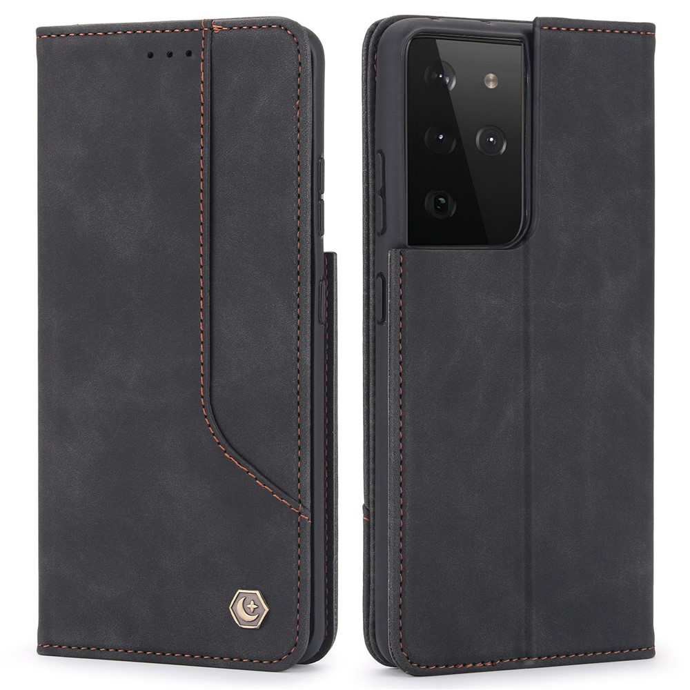 POLA 008 Series Retro Style PU Leather Magnetic Auto-absorbed Phone Case Stand Wallet Cover for Samsung Galaxy S21 Ultra 5G - Black-1