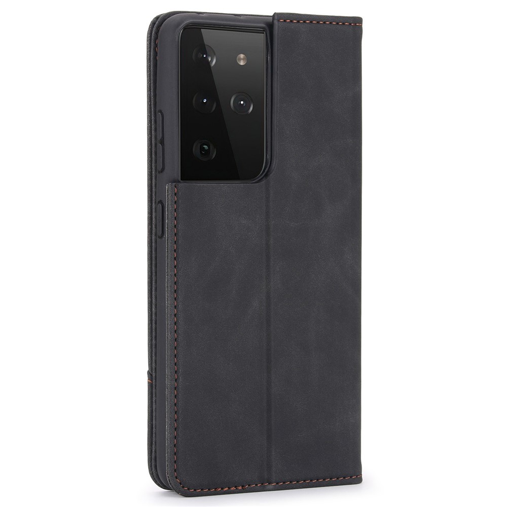 POLA 008 Series Retro Style PU Leather Magnetic Auto-absorbed Phone Case Stand Wallet Cover for Samsung Galaxy S21 Ultra 5G - Black-12