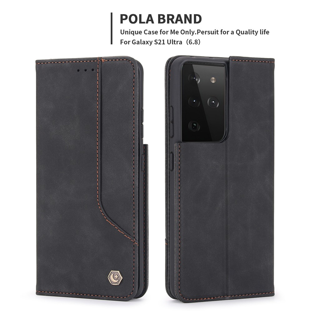 POLA 008 Series Retro Style PU Leather Magnetic Auto-absorbed Phone Case Stand Wallet Cover for Samsung Galaxy S21 Ultra 5G - Black-2