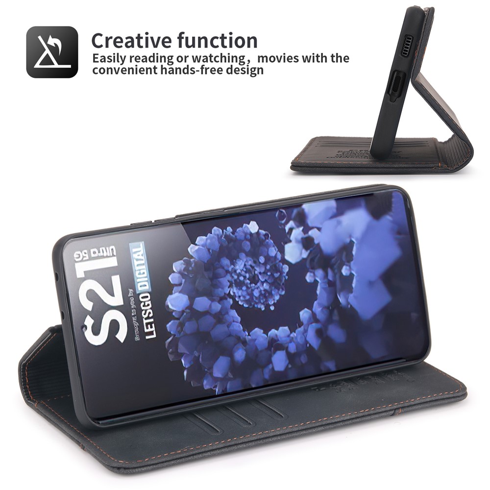 POLA 008 Series Retro Style PU Leather Magnetic Auto-absorbed Phone Case Stand Wallet Cover for Samsung Galaxy S21 Ultra 5G - Black-4