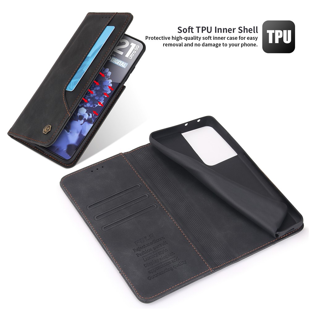 POLA 008 Series Retro Style PU Leather Magnetic Auto-absorbed Phone Case Stand Wallet Cover for Samsung Galaxy S21 Ultra 5G - Black-5