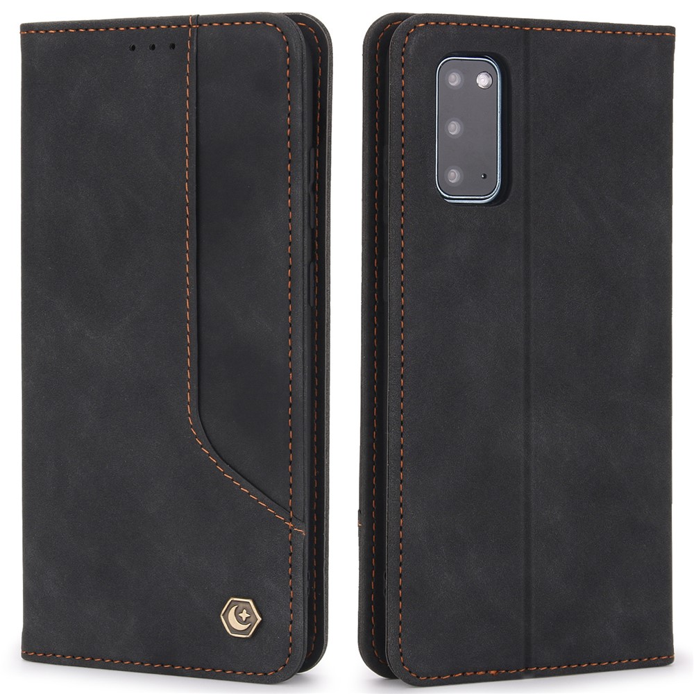 POLA 008 Series Retro Style PU Leather Foldable Wallet Cover Auto Closing Phone Case with Stand for Samsung Galaxy S20 - Black-1