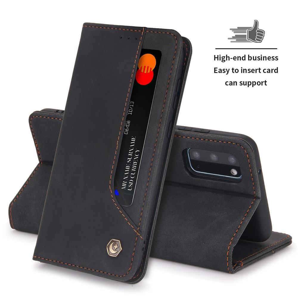 POLA 008 Series Retro Style PU Leather Foldable Wallet Cover Auto Closing Phone Case with Stand for Samsung Galaxy S20 - Black-10