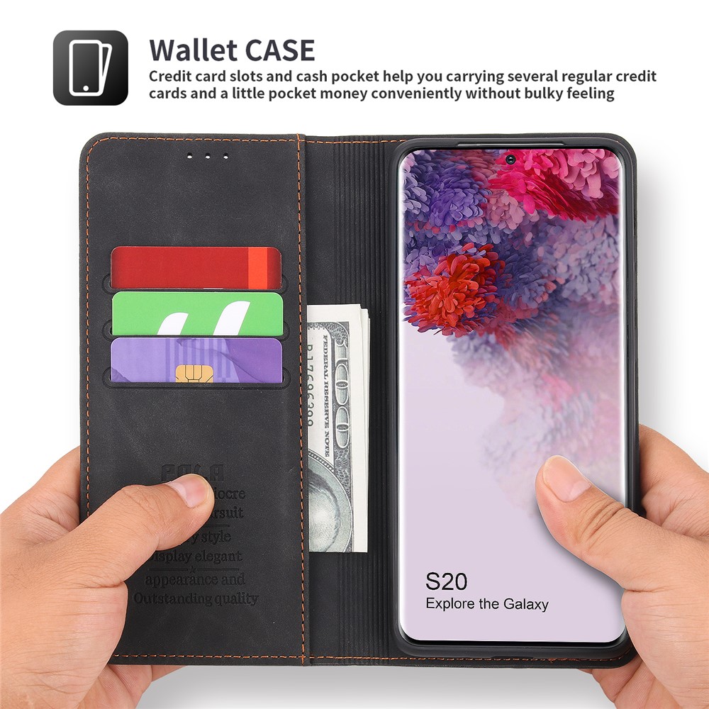 POLA 008 Series Retro Style PU Leather Foldable Wallet Cover Auto Closing Phone Case with Stand for Samsung Galaxy S20 - Black-3
