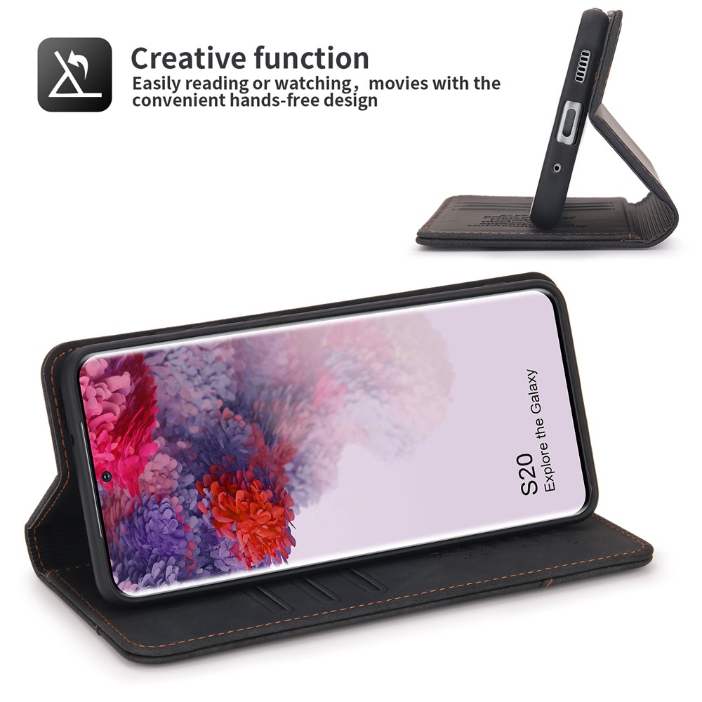 POLA 008 Series Retro Style PU Leather Foldable Wallet Cover Auto Closing Phone Case with Stand for Samsung Galaxy S20 - Black-4