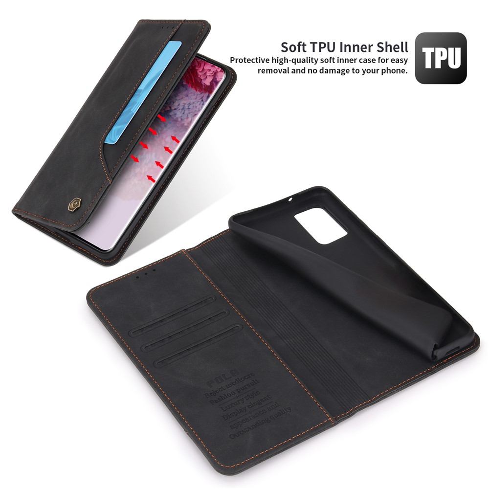 POLA 008 Series Retro Style PU Leather Foldable Wallet Cover Auto Closing Phone Case with Stand for Samsung Galaxy S20 - Black-5