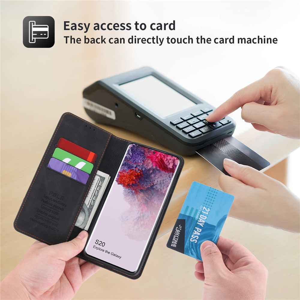 POLA 008 Series Retro Style PU Leather Foldable Wallet Cover Auto Closing Phone Case with Stand for Samsung Galaxy S20 - Black-7