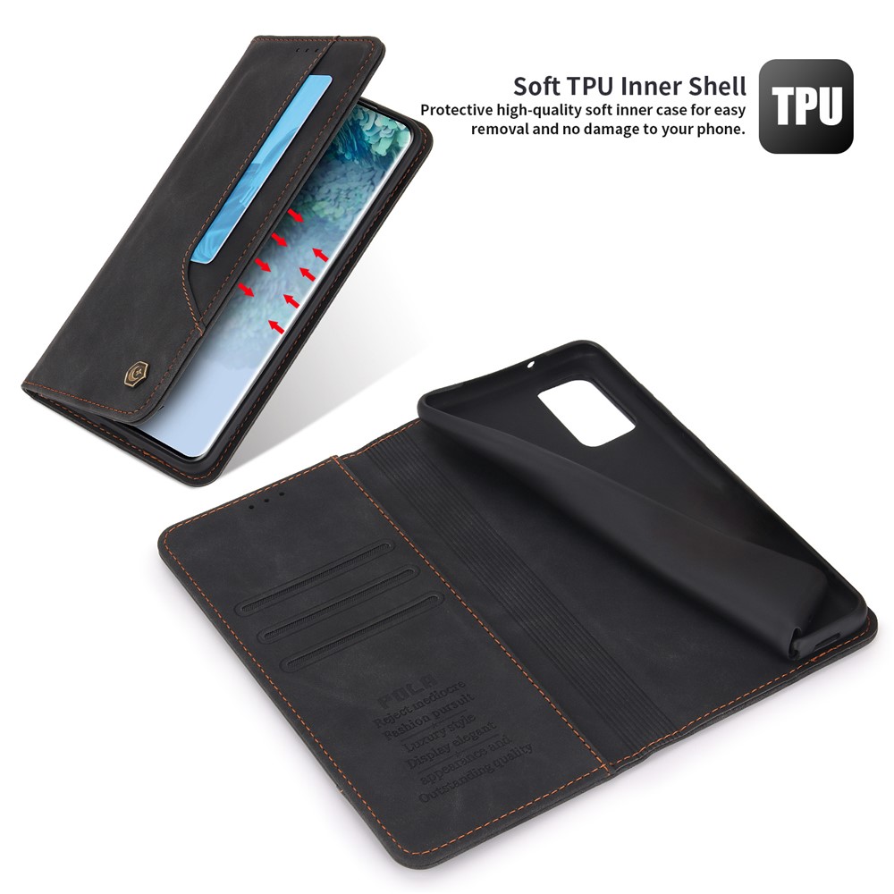 POLA 008 Series Retro Style Full Protection PU Leather + TPU Magnetic Auto Closing Phone Cover with Stand Wallet for Samsung Galaxy S20 Plus 4G/5G - Black-5