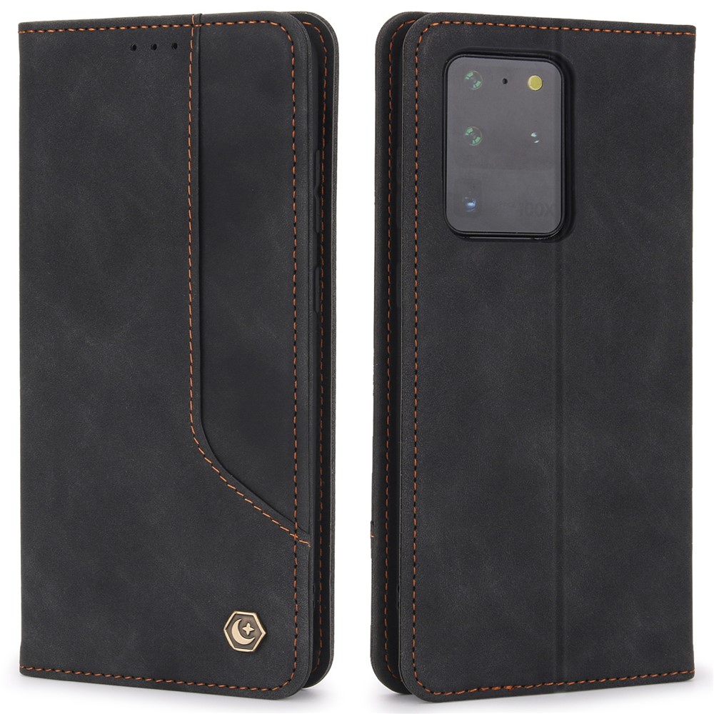 POLA 008 Series Retro Style PU Leather + TPU Folio Flip Shockproof Phone Cover with Stand Wallet for Samsung Galaxy S20 Ultra - Black-1