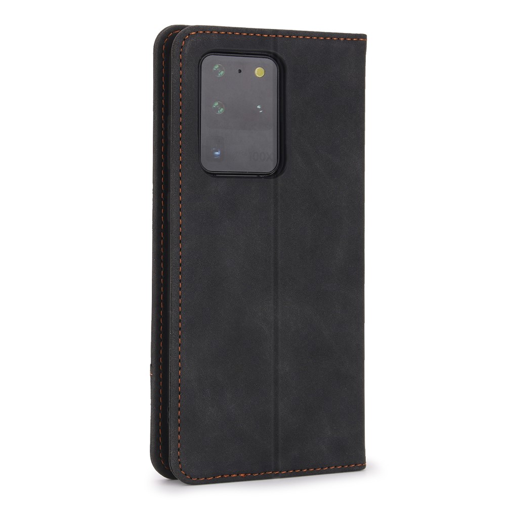 POLA 008 Series Retro Style PU Leather + TPU Folio Flip Shockproof Phone Cover with Stand Wallet for Samsung Galaxy S20 Ultra - Black-12
