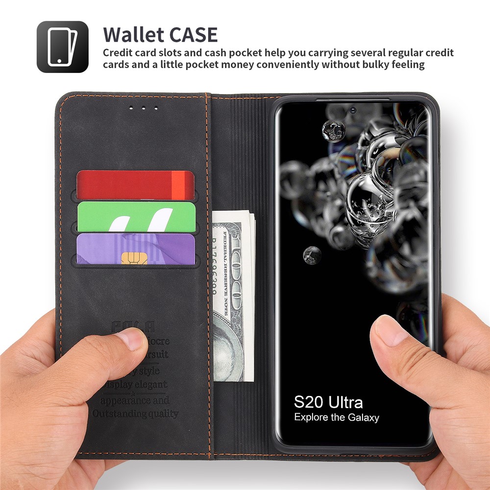 POLA 008 Series Retro Style PU Leather + TPU Folio Flip Shockproof Phone Cover with Stand Wallet for Samsung Galaxy S20 Ultra - Black-3