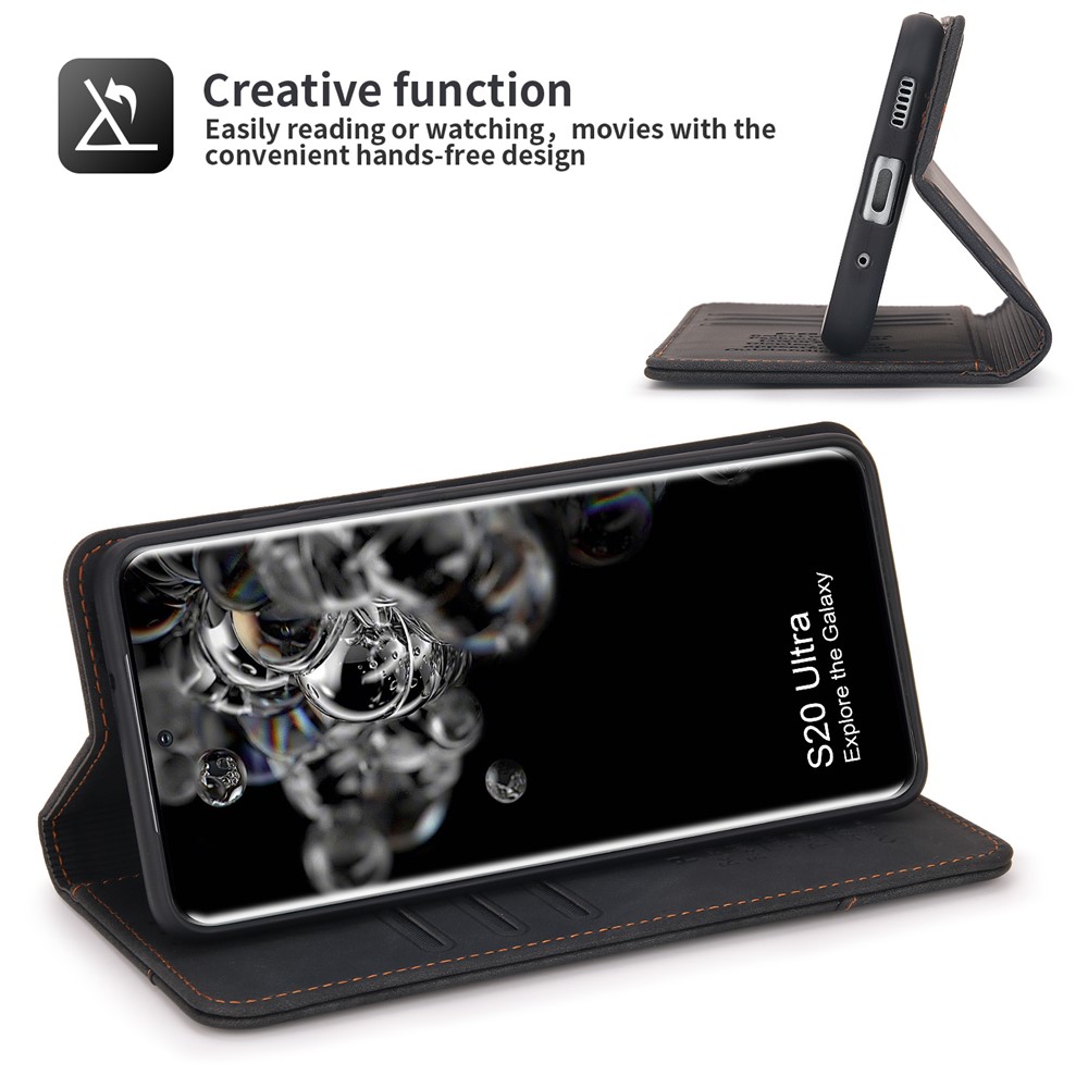 POLA 008 Series Retro Style PU Leather + TPU Folio Flip Shockproof Phone Cover with Stand Wallet for Samsung Galaxy S20 Ultra - Black-4