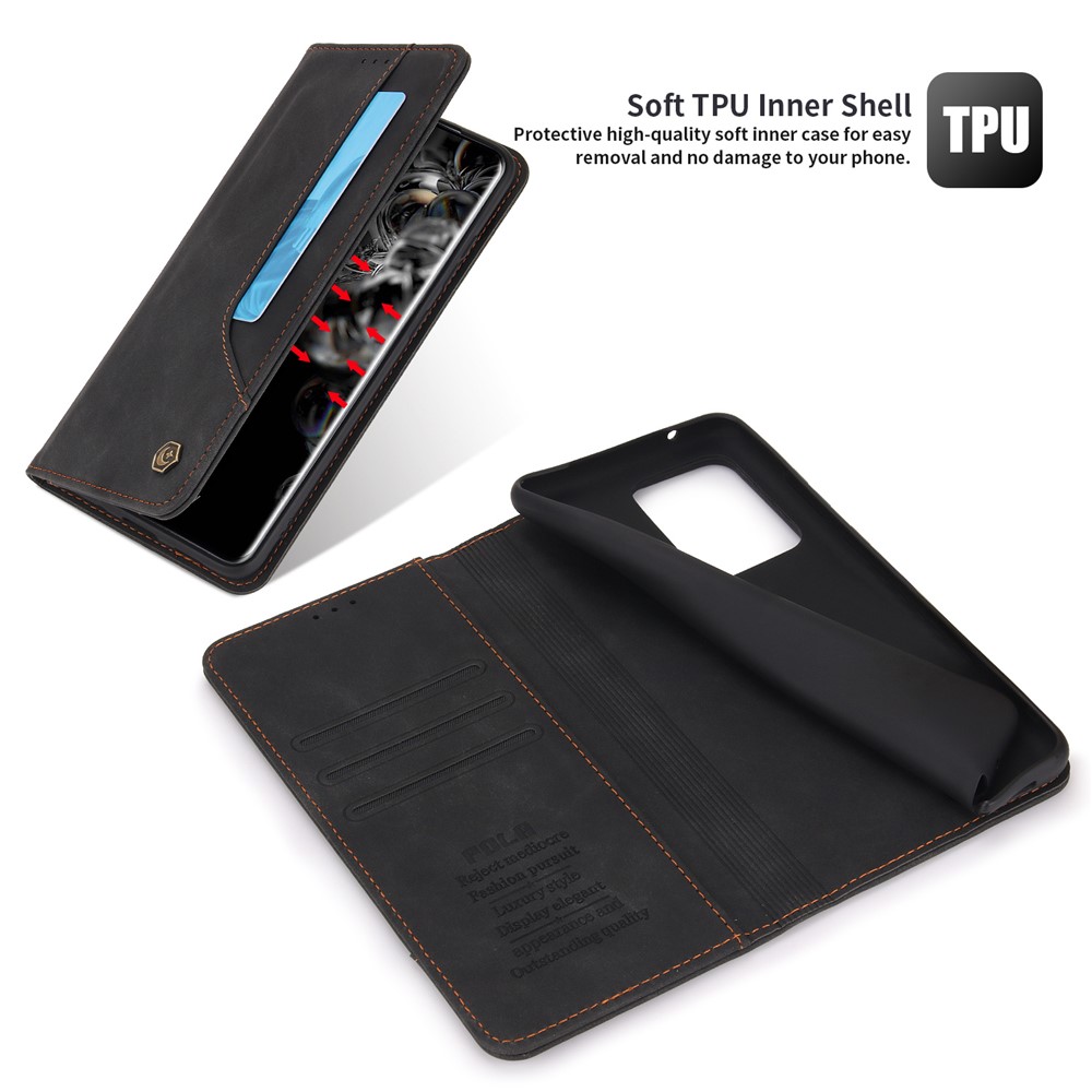 POLA 008 Series Retro Style PU Leather + TPU Folio Flip Shockproof Phone Cover with Stand Wallet for Samsung Galaxy S20 Ultra - Black-5