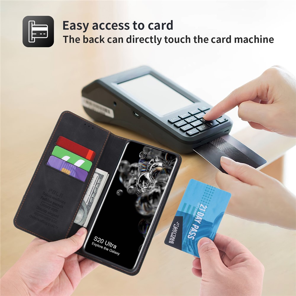 POLA 008 Series Retro Style PU Leather + TPU Folio Flip Shockproof Phone Cover with Stand Wallet for Samsung Galaxy S20 Ultra - Black-7