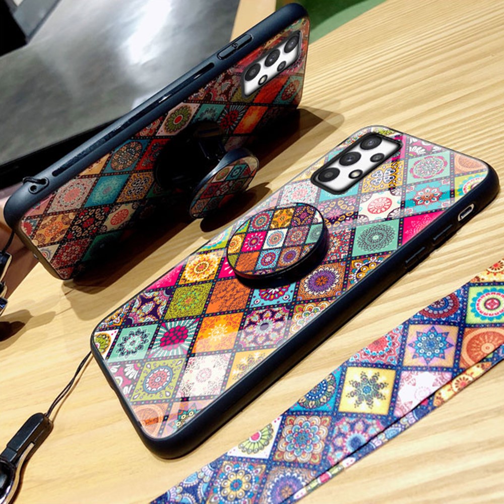 For Samsung Galaxy A73 5G Anti-fall Anti-scratch Stylish Pattern Kickstand Tempered Glass + PC + TPU Phone Case with Lanyard - Color Pattern-4