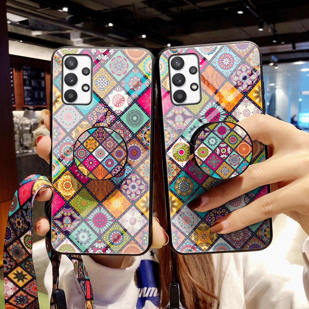 For Samsung Galaxy A73 5G Anti-fall Anti-scratch Stylish Pattern Kickstand Tempered Glass + PC + TPU Phone Case with Lanyard - Color Pattern-7