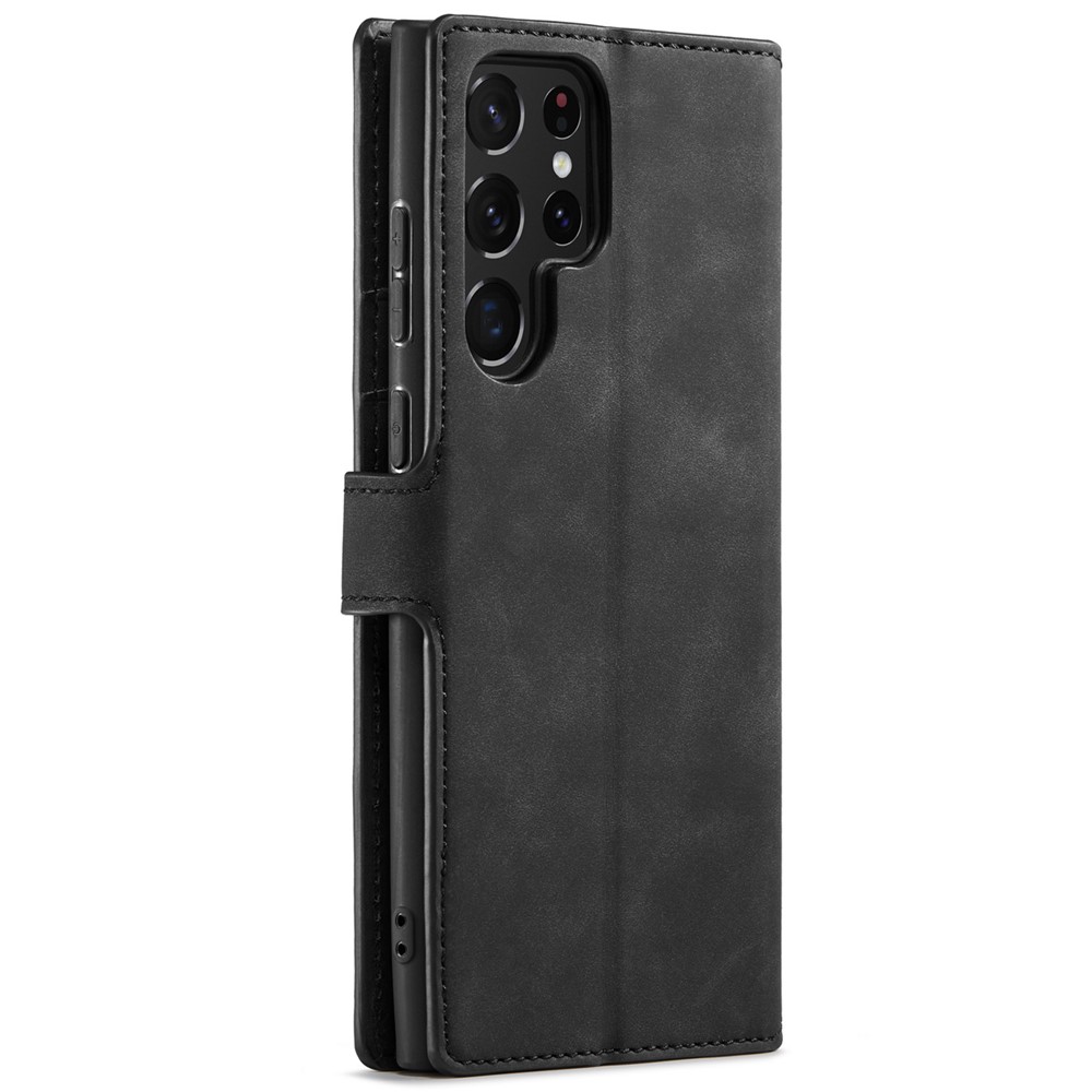 DG.MING Retro Style PU Leather Wallet Cover Scratch-resistant Foldable Stand Phone Case for Samsung Galaxy S22 Ultra 5G - Black-3