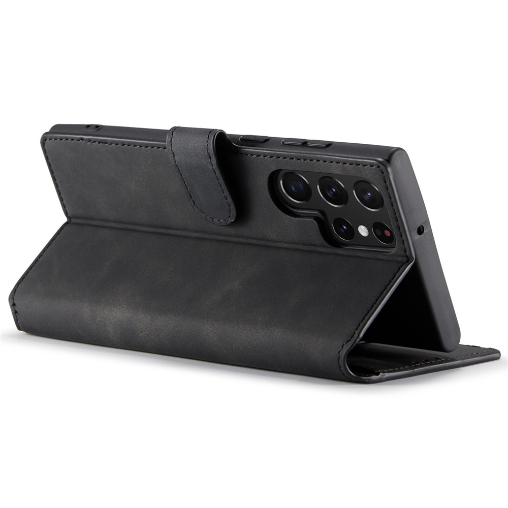DG.MING Retro Style PU Leather Wallet Cover Scratch-resistant Foldable Stand Phone Case for Samsung Galaxy S22 Ultra 5G - Black-4