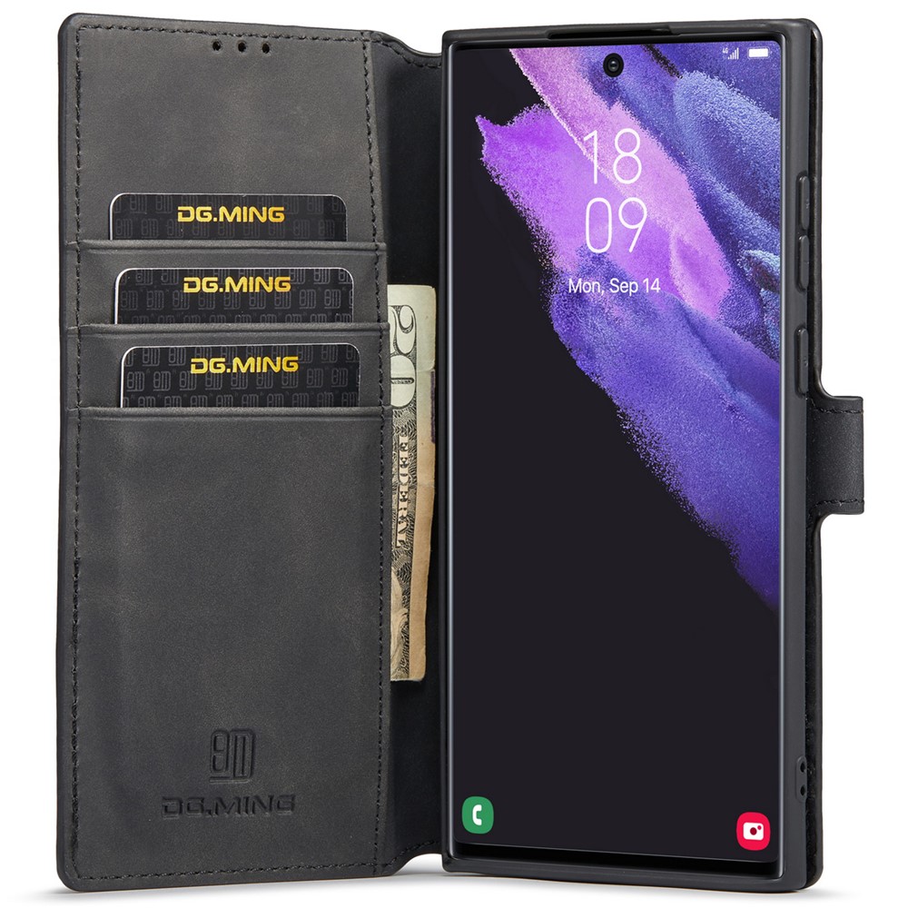 DG.MING Retro Style PU Leather Wallet Cover Scratch-resistant Foldable Stand Phone Case for Samsung Galaxy S22 Ultra 5G - Black-5