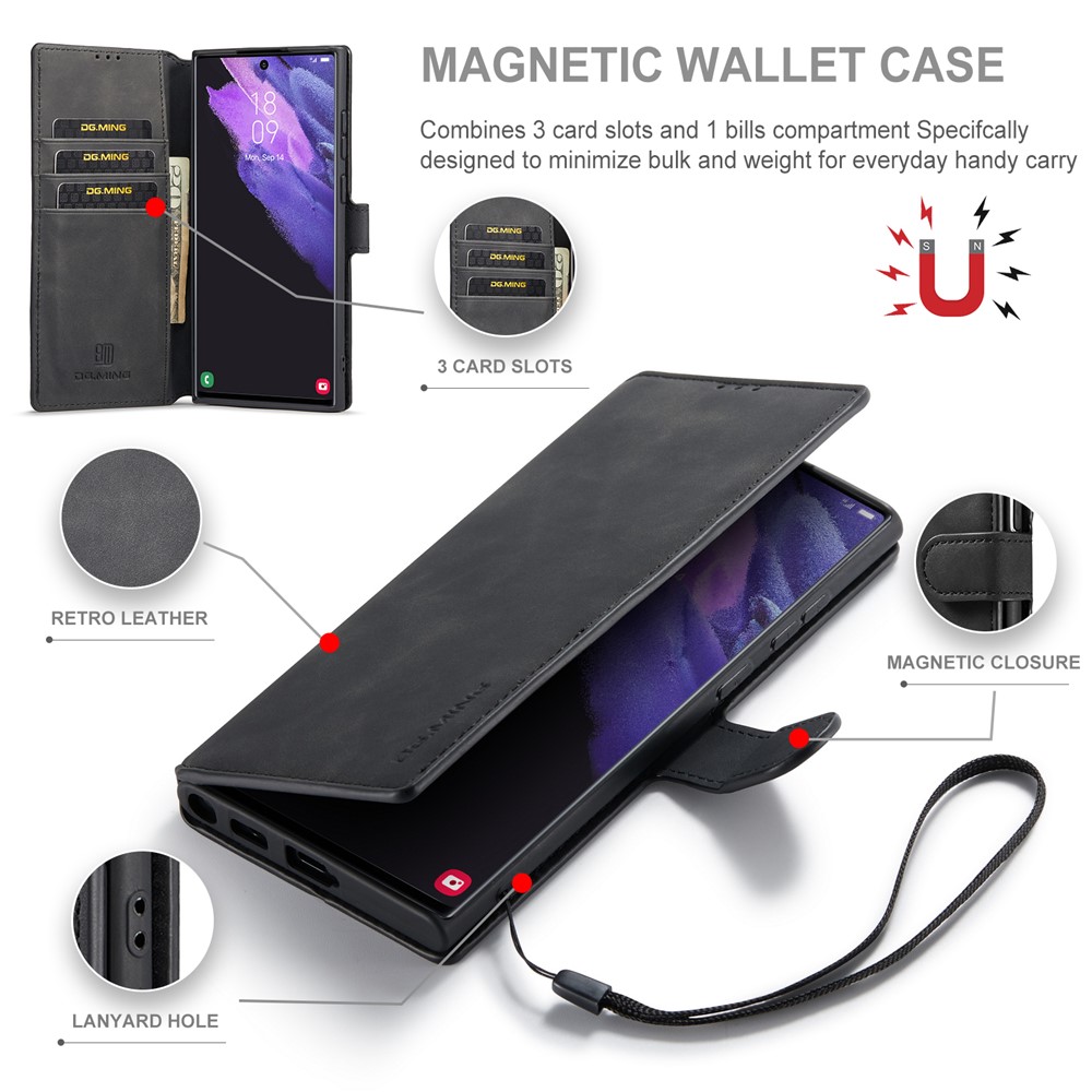 DG.MING Retro Style PU Leather Wallet Cover Scratch-resistant Foldable Stand Phone Case for Samsung Galaxy S22 Ultra 5G - Black-7