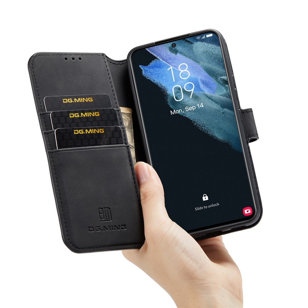 DG.MING Retro Leather Case Anti-drop Well-protected Wallet Stand Phone Cover for Samsung Galaxy S22+ 5G - Black-6