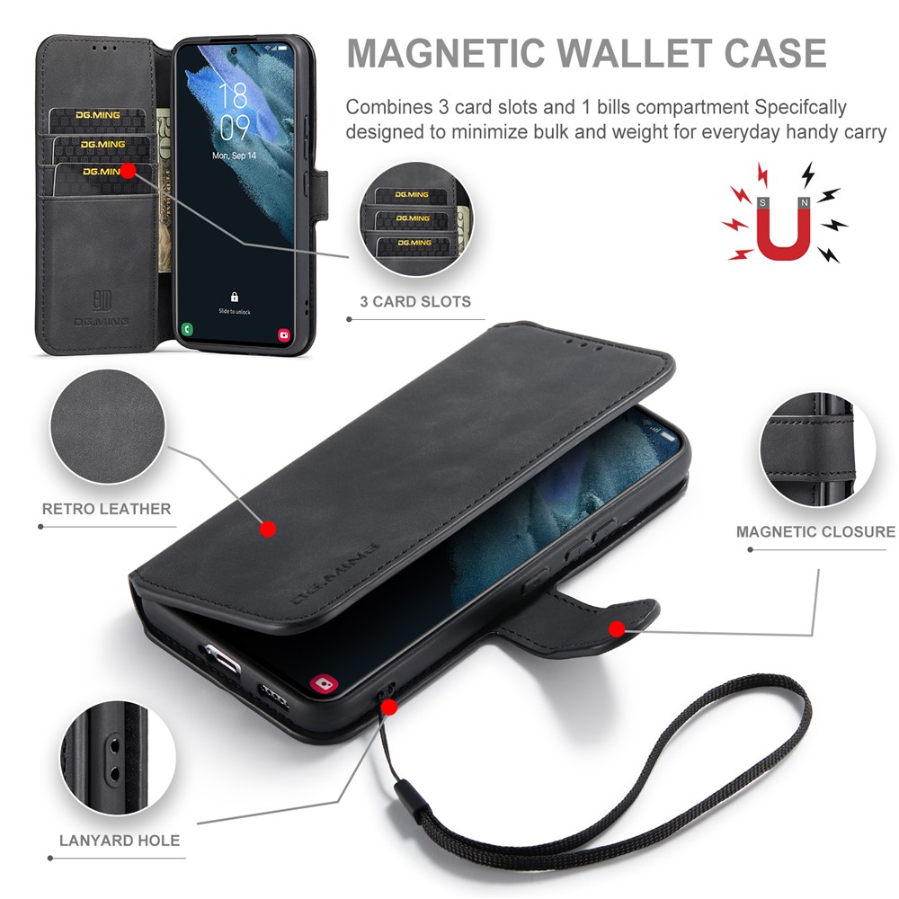 DG.MING Retro Leather Case Anti-drop Well-protected Wallet Stand Phone Cover for Samsung Galaxy S22+ 5G - Black-7