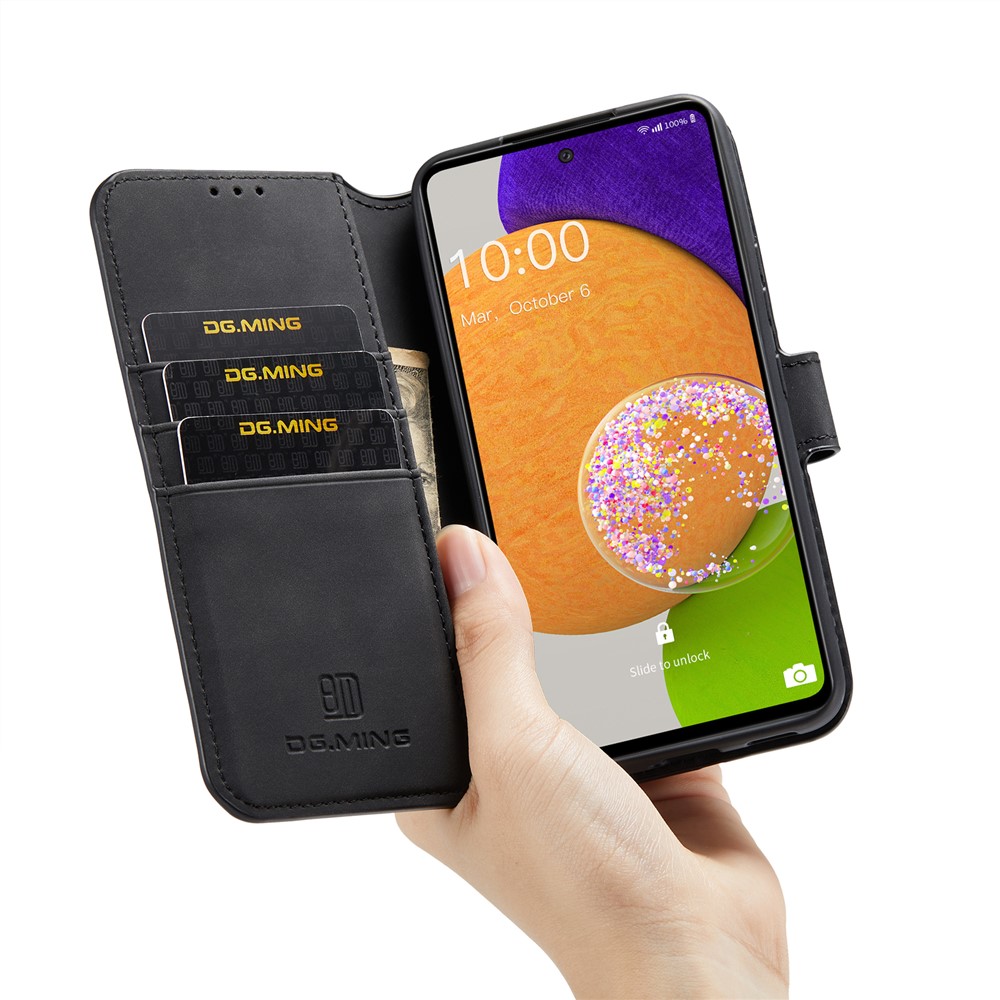 DG.MING Stand Wallet Design Retro Style PU Leather Cover Inner Soft TPU Phone Case for Samsung Galaxy A53 5G - Black-6