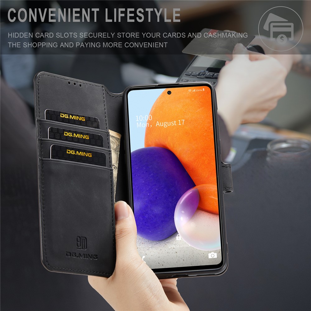 DG.MING Retro Style Shockproof Phone Case PU Leather Stand Wallet Magnetic Clasp Cover for Samsung Galaxy A73 5G - Black-6