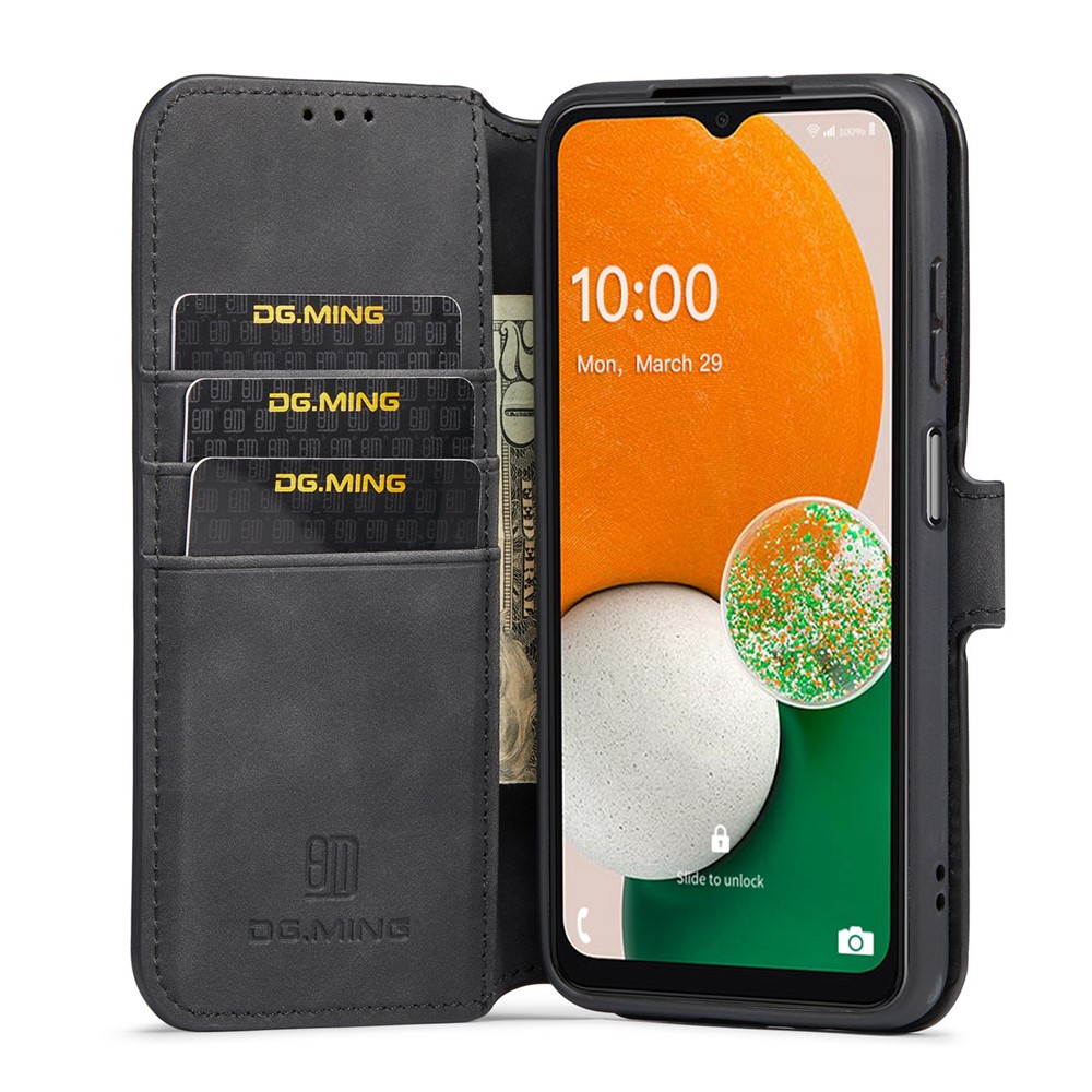 DG.MING Retro Leather Case Drop-resistant Stand Wallet Folio Flip Phone Cover for Samsung Galaxy A13 4G - Black-4