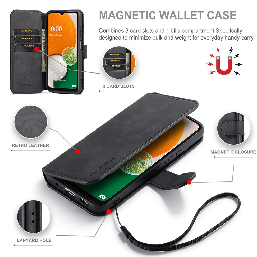 DG.MING Retro Leather Case Drop-resistant Stand Wallet Folio Flip Phone Cover for Samsung Galaxy A13 4G - Black-7
