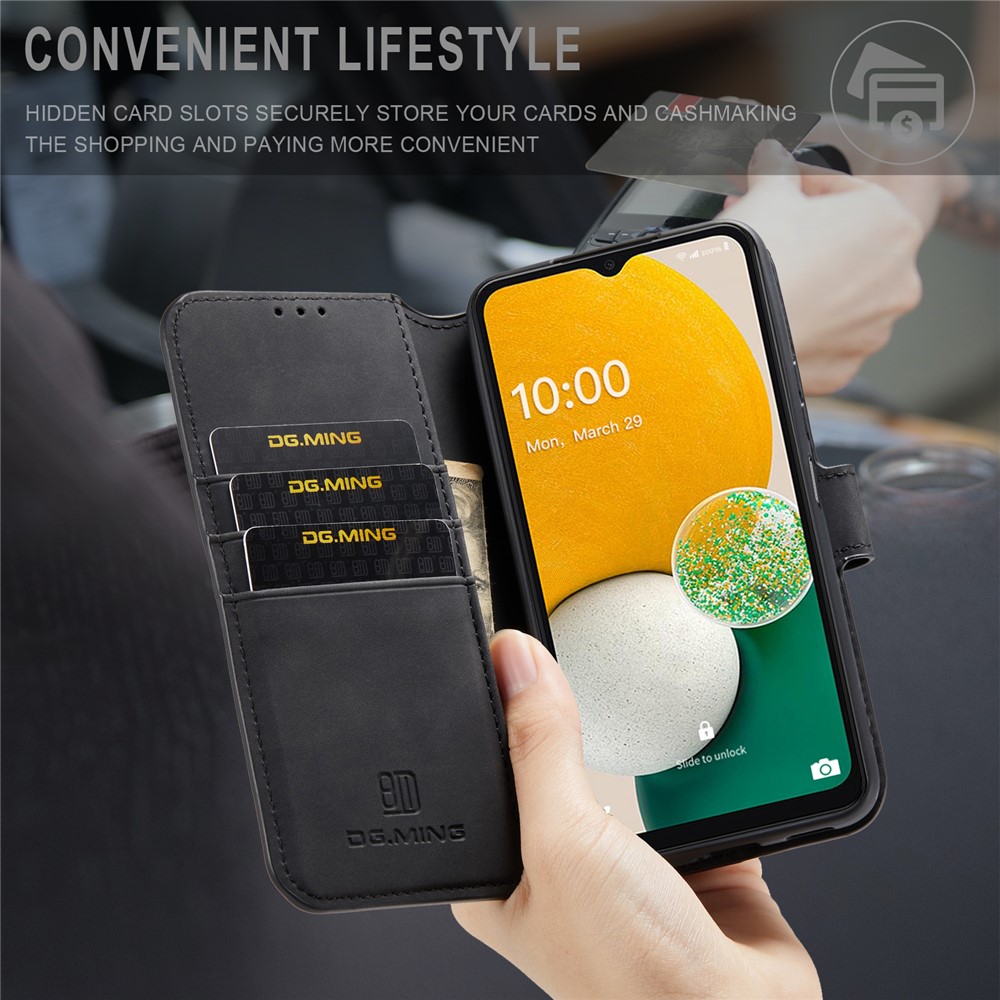 DG.MING Retro Style Magnetic Clasp PU Leather Stand Wallet Phone Case Protector for Samsung Galaxy A13 5G - Black-6