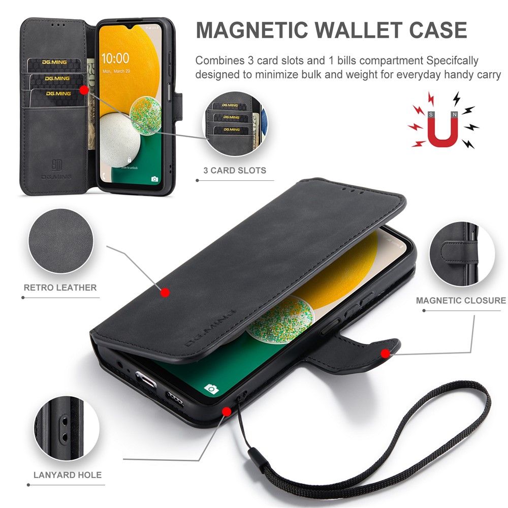 DG.MING Retro Style Magnetic Clasp PU Leather Stand Wallet Phone Case Protector for Samsung Galaxy A13 5G - Black-7