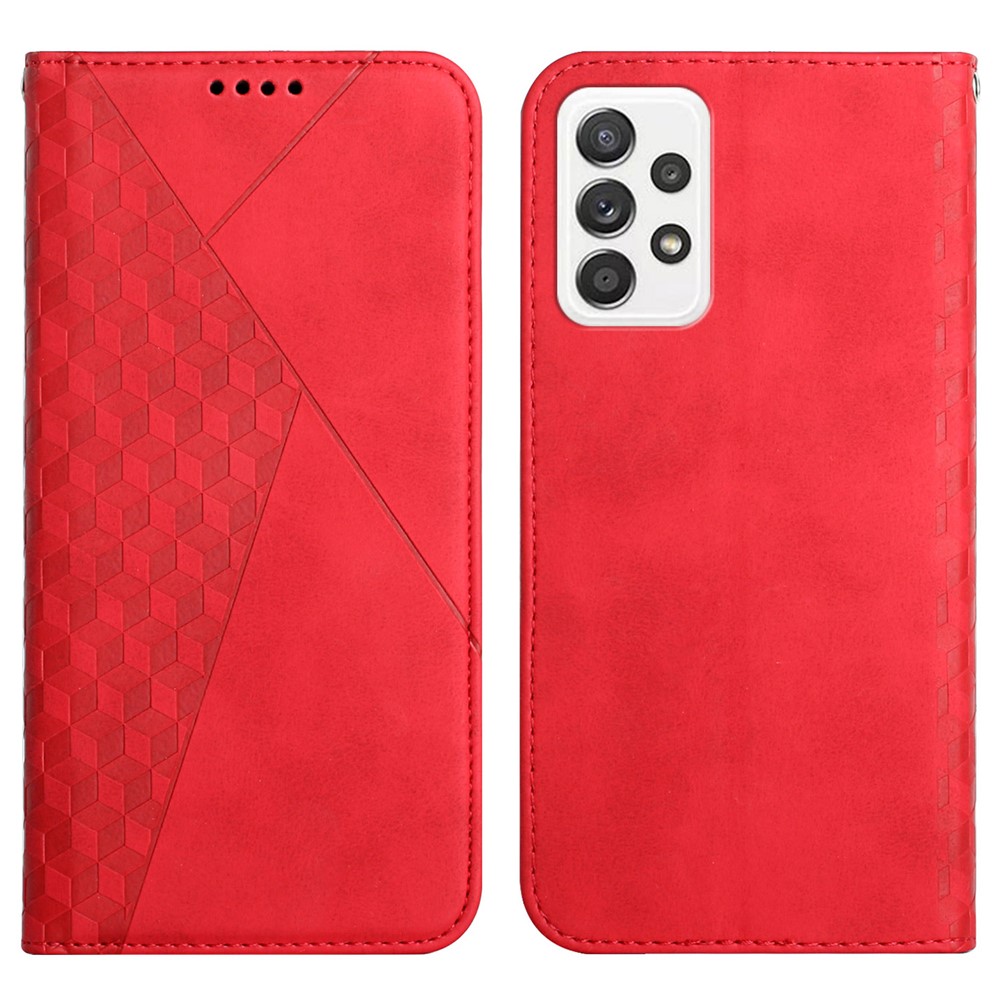 Skin-touch Feeling Rhombus Imprinting Magnetic Auto-absorbed PU Leather Case Wallet Stand Phone Cover for Samsung Galaxy A73 5G - Red-1