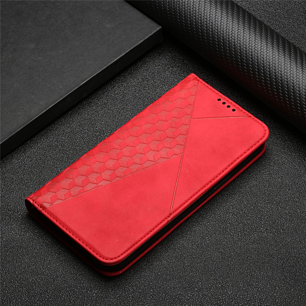 Skin-touch Feeling Rhombus Imprinting Magnetic Auto-absorbed PU Leather Case Wallet Stand Phone Cover for Samsung Galaxy A73 5G - Red-10