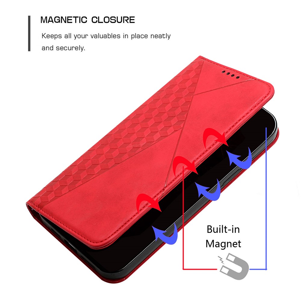 Skin-touch Feeling Rhombus Imprinting Magnetic Auto-absorbed PU Leather Case Wallet Stand Phone Cover for Samsung Galaxy A73 5G - Red-7