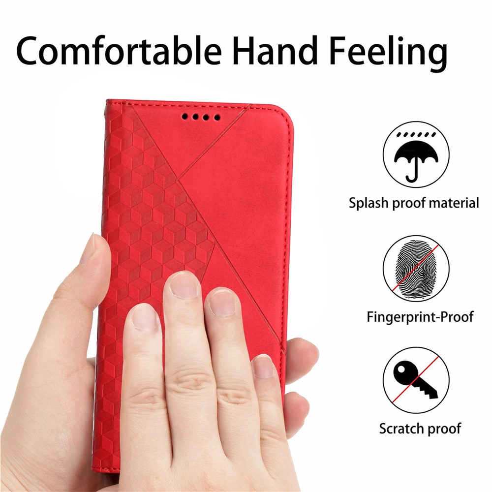 Skin-touch Feeling Rhombus Imprinting Magnetic Auto-absorbed PU Leather Case Wallet Stand Phone Cover for Samsung Galaxy A73 5G - Red-9