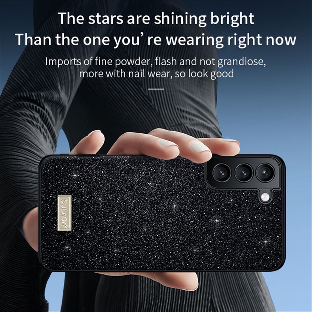 SULADA Shiny Glitters PU Leather Coated PC + TPU Shockproof Phone Case for Samsung Galaxy S22+ 5G - Black-3