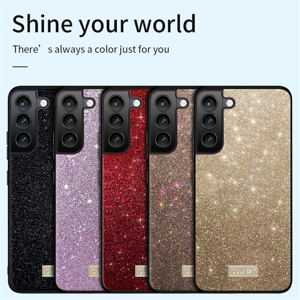 SULADA Shiny Glitters PU Leather Coated PC + TPU Shockproof Phone Case for Samsung Galaxy S22+ 5G - Black-5