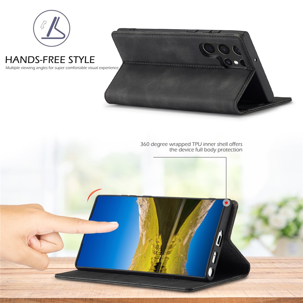 LC.IMEEKE Strong Magnetic Auto-closing PU Leather + TPU Stand Wallet Phone Case Phone Shell for Samsung Galaxy S22 Ultra 5G - Black-6