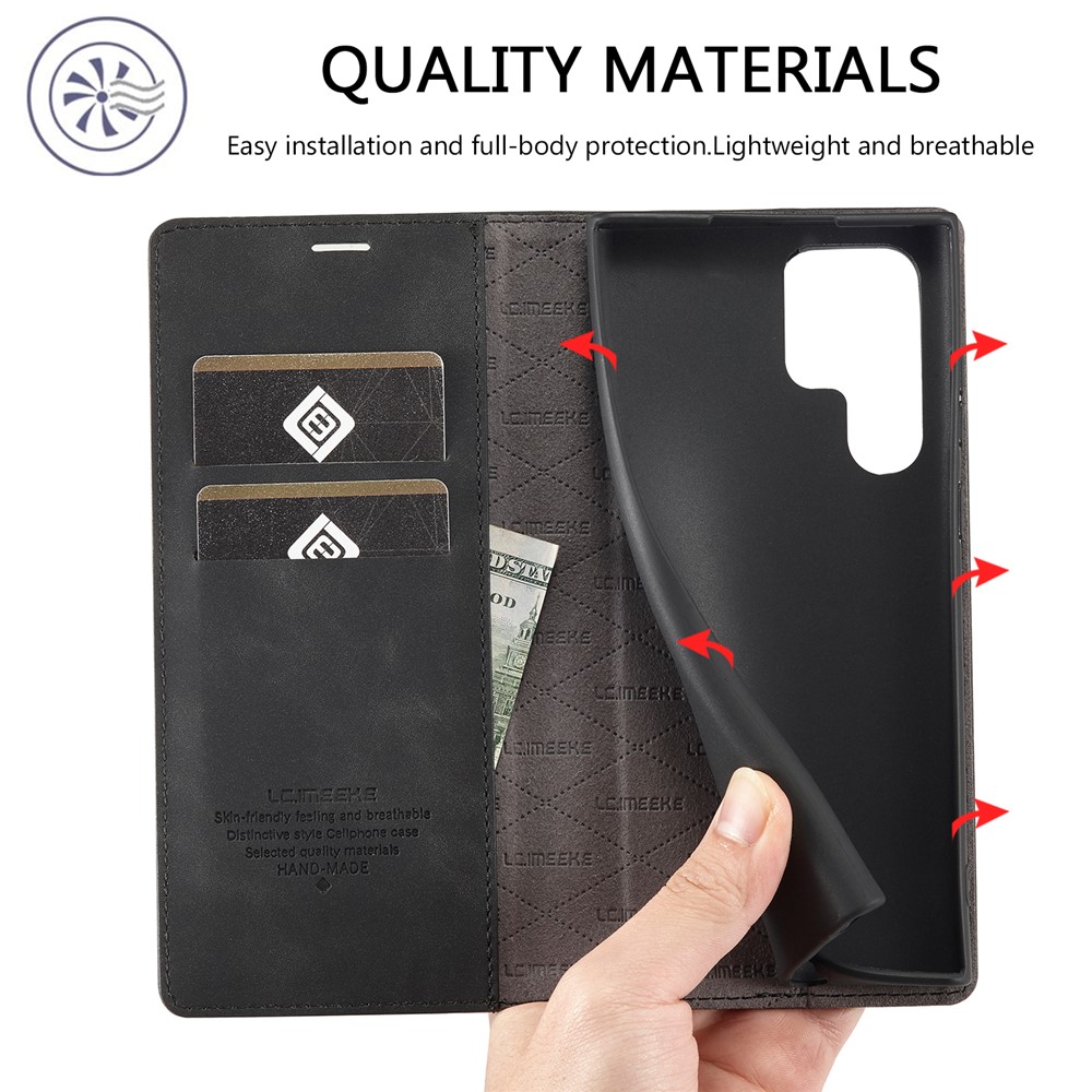 LC.IMEEKE Strong Magnetic Auto-closing PU Leather + TPU Stand Wallet Phone Case Phone Shell for Samsung Galaxy S22 Ultra 5G - Black-7