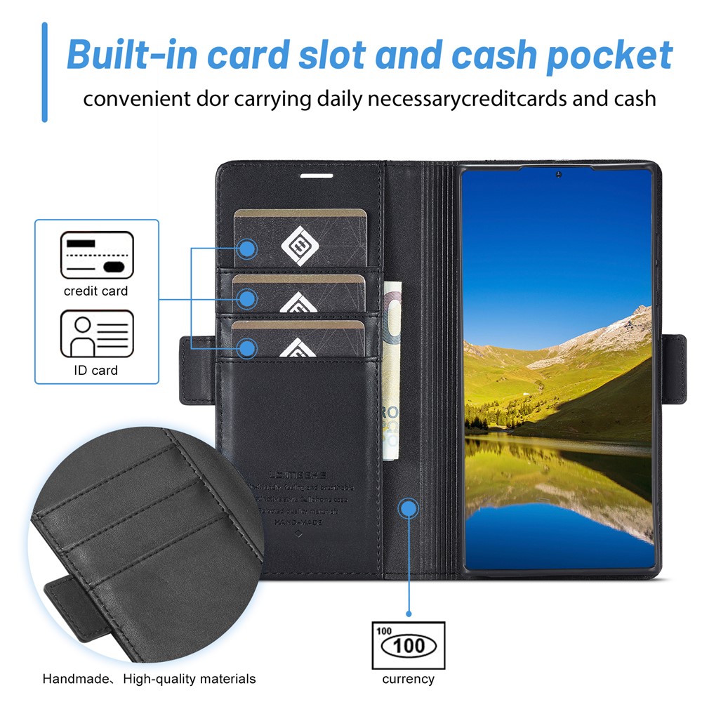 LC.IMEEKE PU Leather Cover Stand Wallet Double Magnetic Clasps Phone Case Shell for Samsung Galaxy S22 Ultra 5G - Black-12