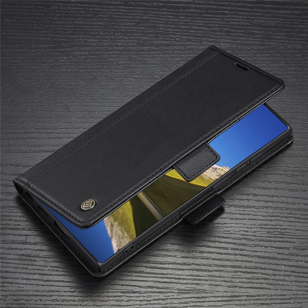 LC.IMEEKE PU Leather Cover Stand Wallet Double Magnetic Clasps Phone Case Shell for Samsung Galaxy S22 Ultra 5G - Black-6