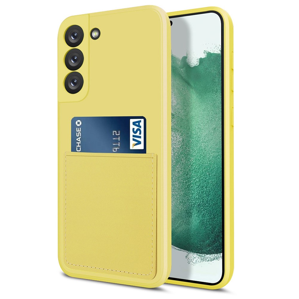Card Slot Design Anti-drop Liquid Silicone Protective Cell Phone Cover Shell for Samsung Galaxy S22 5G - Yellow-1