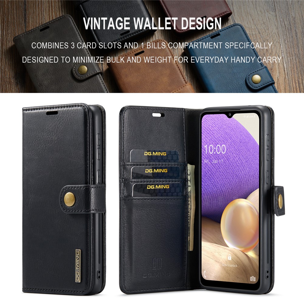 DG.MING Split Leather Wallet Case Folio Flip Stand Detachable Magnetic Phone Cover for Samsung Galaxy A33 5G - Black-9