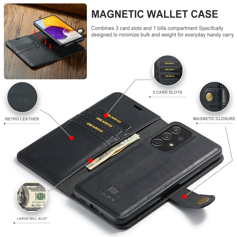 DG.MING Split Leather Wallet Phone Case Folio Flip Magnetic Detachable Stand Cover for Samsung Galaxy A73 5G - Black-10