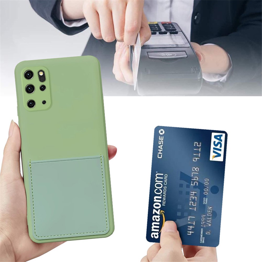 Scratch-resistant Liquid Silicone Case Card Slot Design Mobile Phone Shell for Samsung Galaxy S20 Plus 4G/5G - Matcha Green-2