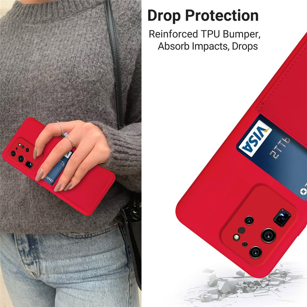 Anti-drop Liquid Silicone Shockproof Card Slot Design Cell Phone Shell for Samsung Galaxy S20 Ultra - Red-3